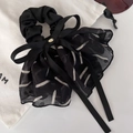 French style oversized black ribbon bow scrunchie with floral print organza detail - Black Bow Scrunchie