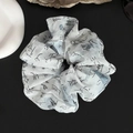 Detailed view of ink wash calligraphy print on fluffy chiffon scrunchie with ribbons - Hair Tie / Blue