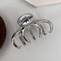 Détail d'une pince à cheveux en métal argenté poli avec un design moderne à griffes multiples - Argent