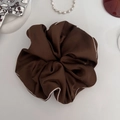 Coffee brown satin scrunchie with white contrast piping and elegant pleated texture - Dark Coffee (Large)