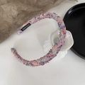 Detalle de diadema de tweed rosa con etiqueta de hecho a mano en el tejido de la banda - 3# Diadema - Rosa Púrpura Azul