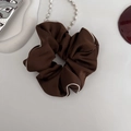 Brown satin scrunchie with white contrast piping edge and smooth glossy finish - Dark Coffee (Medium)