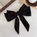 Elegant French style black satin oversized bow hair clip with long ribbons for women - Black Satin Large Bow Hair Clip (Style 1)
