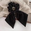 Elegant large black ribbon bow hair scrunchie made of premium fabric for women's ponytail - Black