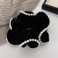 Oversized black velvet scrunchie with white pearl trim for elegant French retro hair styling - Black