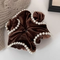 Detail of dark brown velvet scrunchie with white pearl trim and natural pleated texture - 3# Coffee