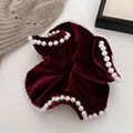 Detail of burgundy velvet scrunchie with faux pearl edges in a French vintage style - Wine Red