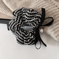 Detail of tweed scrunchie with black bow, pearl pendant and elegant woven texture - 2# Black Striped Scrunchie