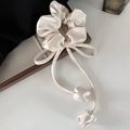 Elegant champagne satin scrunchie with a long bow ribbon and tulip pendants - 1# Pearl White Shell