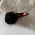 Cute black faux fur pom-pom hair clip with burgundy velvet and golden Handmade metal tag - 6# Wine Red - Black Ball