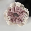 French retro velvet scrunchie in mauve with wide cream lace trim for elegant ponytails - Pink
