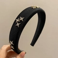 Detail of black padded headband with sparkling rhinestone stars on satin texture - 7# White Rhinestone Headband