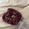 Autumn British style plaid scrunchie in burgundy wool with a cute smile woven label - Red Plaid Scrunchie