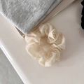 Elegant cream pleated mesh scrunchie hair tie with soft organza ruffles for women - Small / Beige