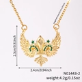 Detail of gold fleur-de-lis wing pendant with green rhinestones on fine chain link - Gold Fleur-De-Lis Wings Style (N01443-2)