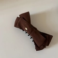 Vintage velvet bow banana clip in coffee brown with gold-tone Love engraved metal plate - Khaki