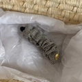 Makro-Ansicht der Bananenspange aus kariertem Stoff mit goldenem Hand Made Etikett - Weiße Textur (Goldenes Herz-Etikett)