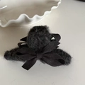Elegant plush faux fur hair claw with double black bowknot design for winter styling - Large Black Plush Bow Claw Clip