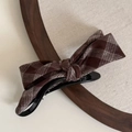 Close-up of vintage brown plaid bow hair clip on a natural linen background - Khaki Plaid (1#)