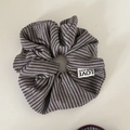 Gray and purple striped scrunchie with Love From Seoul label and knitted texture - Khaki Striped Gray