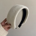 Winter plush wide headband in white fleece with black lining for voluminous hair style - White Knit Style / White