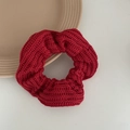 Dark red plush knitted scrunchie with thick vertical texture for a ponytail accessory - Red