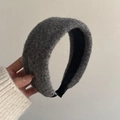 Detail showing grey bouclé padded headband texture with thick warm knit fabric - Gray Knit Style / Gray