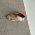 Detail of handmade knit Christmas hair clip with a red hat and white pearl accent - Red Hat White Oval Clip (13#)