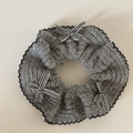 Detail of grey knitted hair scrunchie with black white checkered bows and lace trim - Grey Bow Style