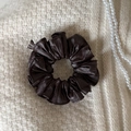 Close-up of dark brown faux leather scrunchie with handmade label on knit background - Dark Brown (1# Khaki PU Scrunchie)