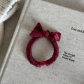 Close-up of wine red satin bow hair tie with pearl details on a vintage book background - 3# Red Bowknot Hair Tie