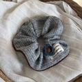 Gray knitted scrunchie with blue flower detail and stylish woven texture on fabric - Gray Large Knit Scrunchie