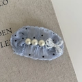Barrette bleue à pois avec perles élégantes et un petit nœud perlé délicat et chic - Barrette à cheveux en tissu plissé à pois bleus avec nœud et perle artificielle (5# Barrette à pois bleus et perle artificielle)