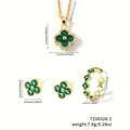 Set gioielli quadrifoglio dorato con zirconi verdi, collana, orecchini e anello aperto - Verde (TZ00328-2)