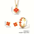 Rotes Kleeblatt-Schmuckset aus Zirkonia mit Halskette, Ohrringen und offenem Goldring - Rot (TZ00328-3)