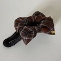 British style blue and brown plaid bow hair clip with golden Love metal emblem - 1# Khaki Stripe Bow Claw Clip