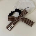 Chouchou rétro à nœud papillon à carreaux marron et blanc avec étiquette Nice - Nœud à Rayures Café Blanc (2#)