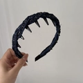 Detail of dark blue denim headband with silver metal chain and large inner teeth - Navy Blue (Denim Chain Toothed Headband)