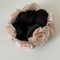 Elegant large black satin hair scrunchie with detailed cream 3D rose flower decorations - Champagne/Black