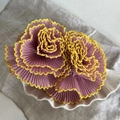 Set of two pleated mauve flower hair clips with yellow scalloped edges on white plate - 3D Floral Ball Style / Pink Double Flower (4#)