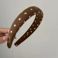 Detail showing retro brown polka dot wide headband with thick padded texture fabric - Caramel White Polka Dot