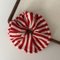 Detailed close-up of red and white striped knitted scrunchie on a wooden display tray - 5# Milk Tea Red Striped Hair Tie