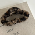 Leopard print plush hair claw clip with faux fur texture and golden metal spring - Plush Oval Claw Clip / Leopard Print