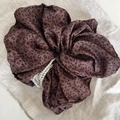 Elegant deep brown leopard print oversized scrunchie with white pearl decorative beads - Dark Leopard Hair Tie with Pearls