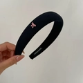 Detail of black padded headband with pink bow and hand made woven label detail - Dark Blue (3# Dark Blue Headband Pink Bow)