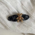 British style hair clip with grey plaid fabric and brown flocked bear with red bow - Grey Rhombic Check Oval Bear Hair Clip