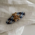 British style teddy bear hair clip with brown plaid fabric and red bow on white cloth - Blue White Rhombic Check Oval Bear Hair Clip