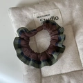 Plaid and brown satin scrunchie set on a beige fabric bag in a minimalist aesthetic - Green Patchwork Style (#6 Green Plaid Coffee Scrunchie)