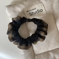 Detail view of plaid and black fabric scrunchie with decorative bead on canvas background - Coffee Plaid Style (1# Coffee Plaid Hair Tie)