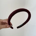 Detailed macro of burgundy knitted headband featuring dark stripes and handmade label - Wine Red Striped 2CM Hairband